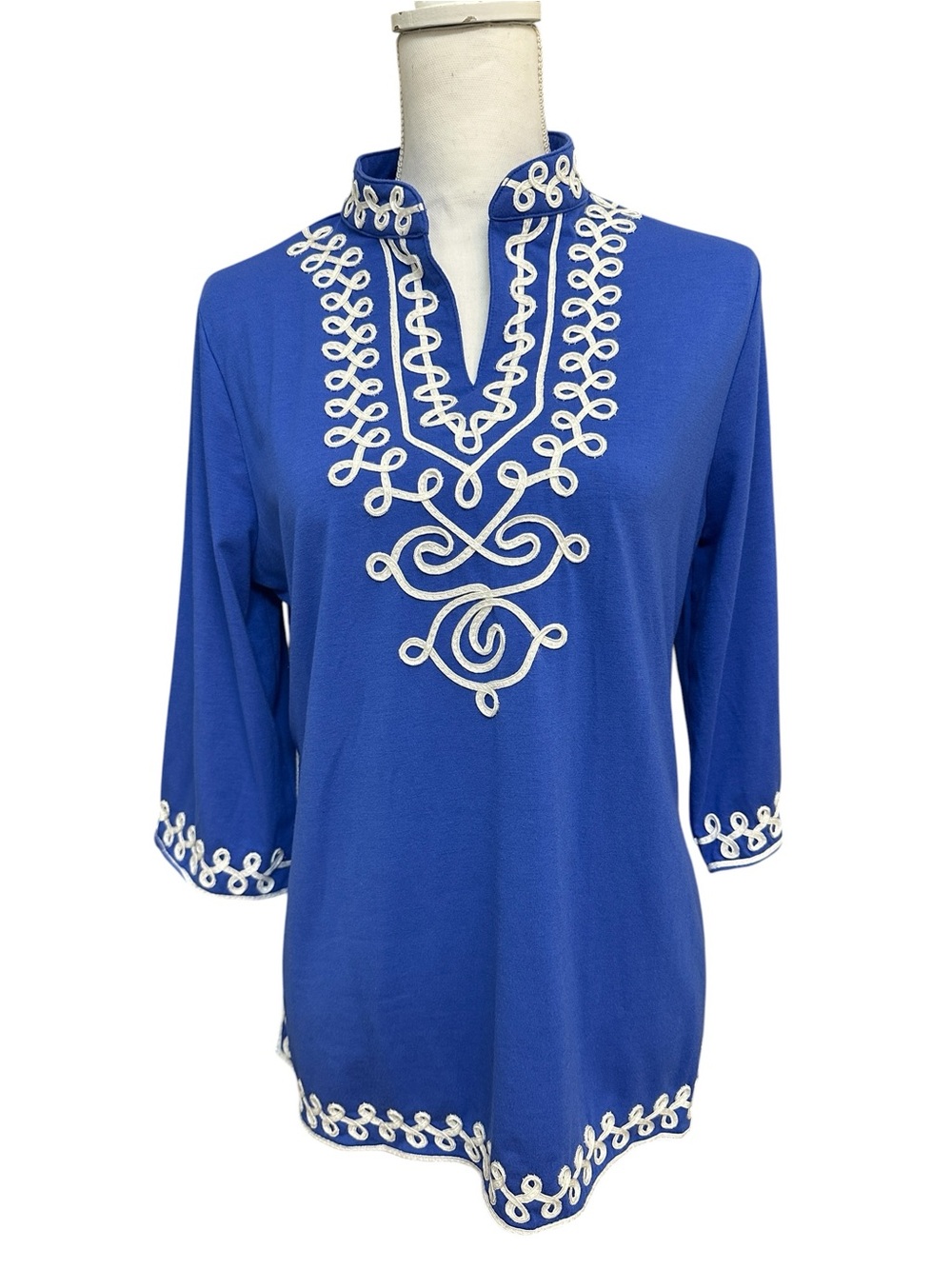 INVESTMENTS Purple Embroidered Tunic Top 3/4 Sleeves Stand Collar V Neck Size L